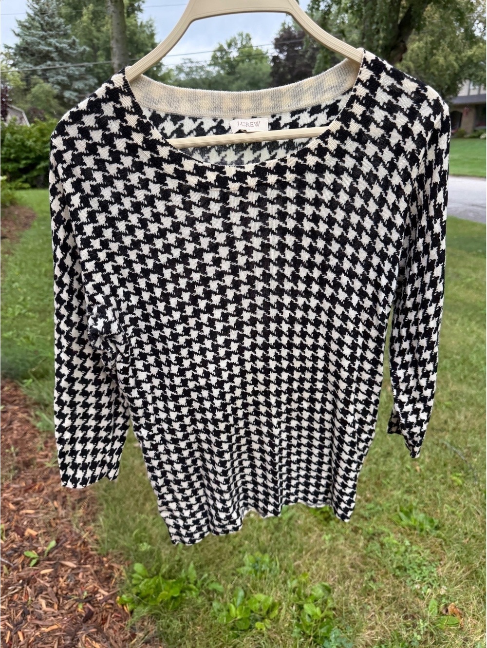 Women's J. Crew Merino Wool Houndstooth Dark Academia 3/4 length sleeve sweater